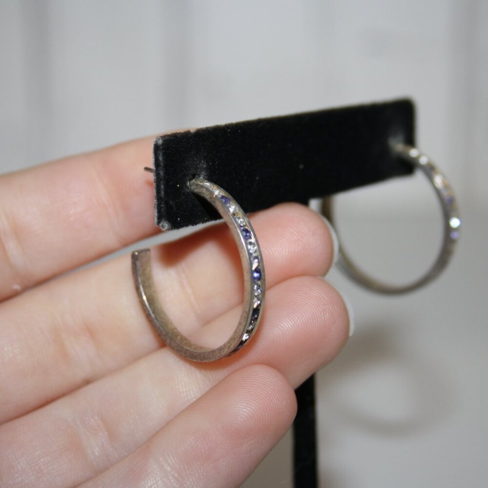 Beautiful silver hoop earrings with blue and white CZ's 1" - Picture 2 of 5